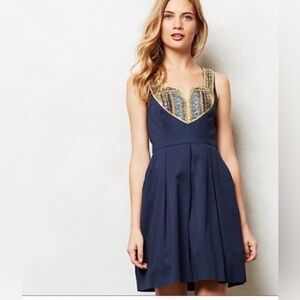 ANTHROPOLOGIE Moulinette Soeurs Navy Gold Trim Beading Dress